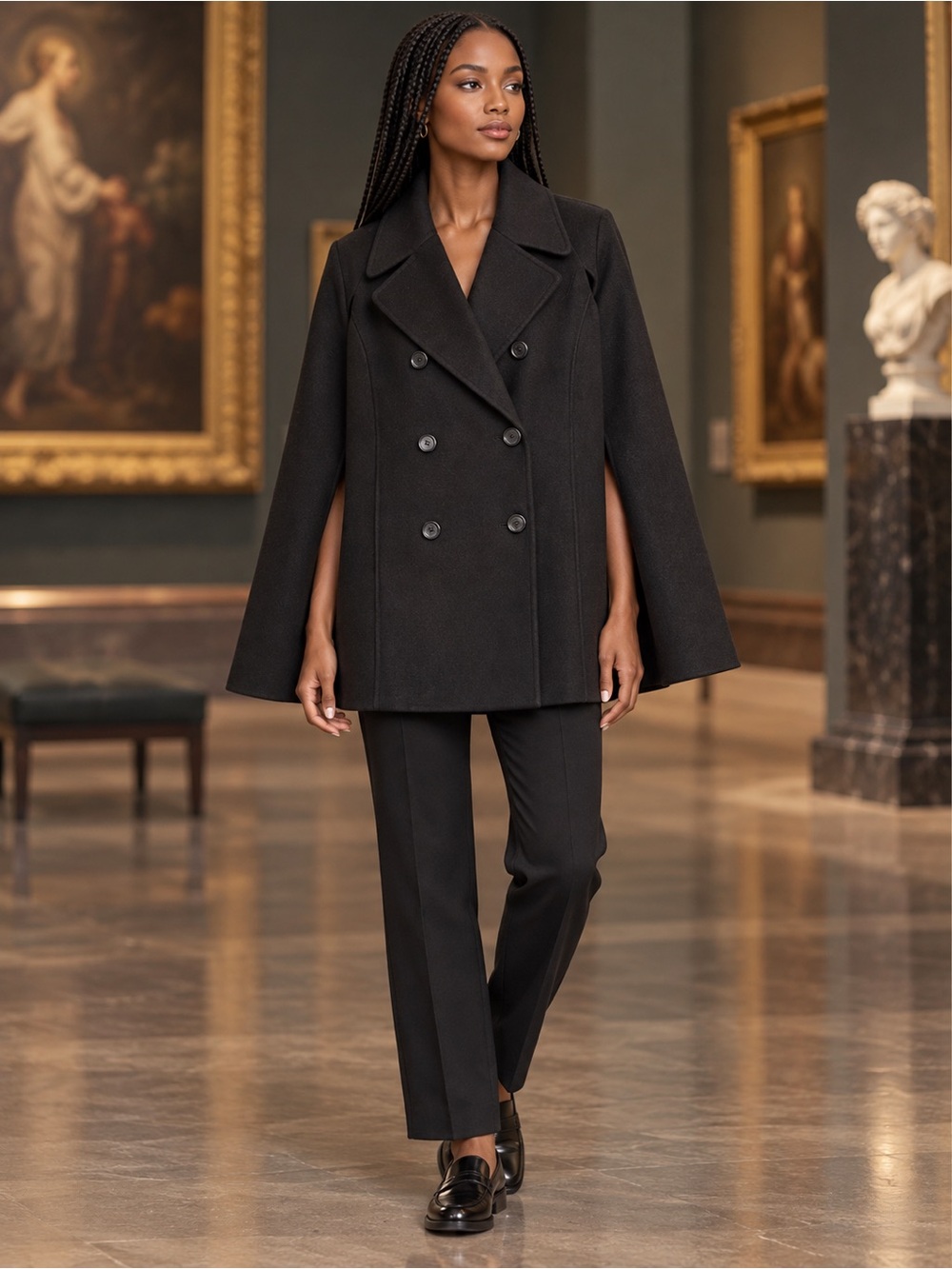 Calvin Klein Wool Blend Peacoat Cape Black Double Breasted Lined Swing M